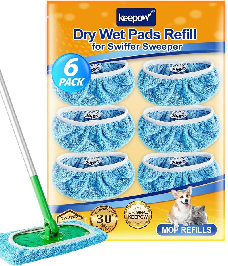 KEEPOW Reusable Dry Sweeping Cloths Microfiber Wet Pads Refill Compatible with Swiffer Sweeper Mop, Machine Washable Sweeping Mop Pads for Use on All Floors - Stone, Hardwood, Laminate & Tile (6 Blue) - Image 1
